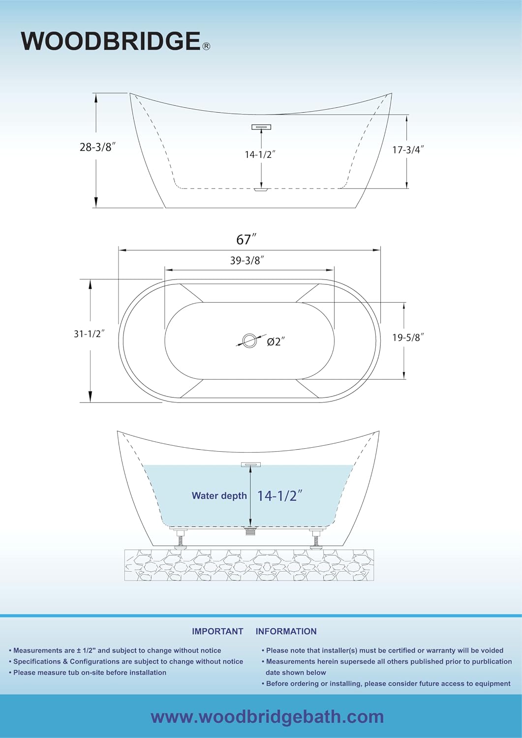 WOODBRIDGE 67' L x 31-1/2' W Freestanding Contemporary Acrylic Soaking Bathtub in Glossy Black Inside and Outside with Matte Black Drain & Overflow, Black, B8810-MB