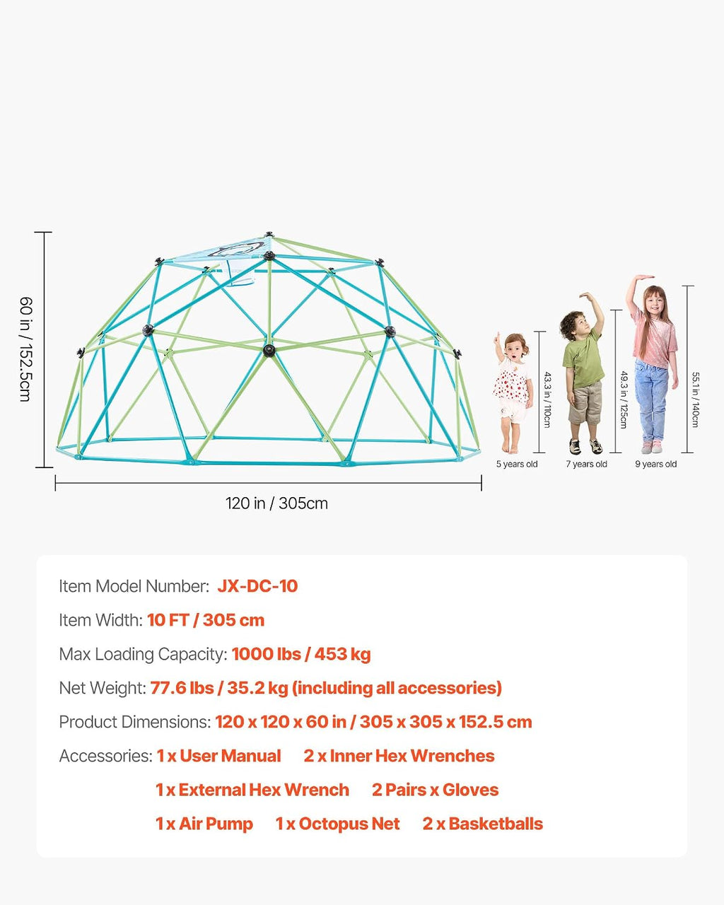 VEVOR Climbing Dome, 10FT Geometric Dome Climber for Kids, 1000LBS Loading Jungle Gym Playground with Octopus Net & 2 Basketballs, Easy-Assembly Outdoor Backyard Climbing Toys - Gift for Boys Girls