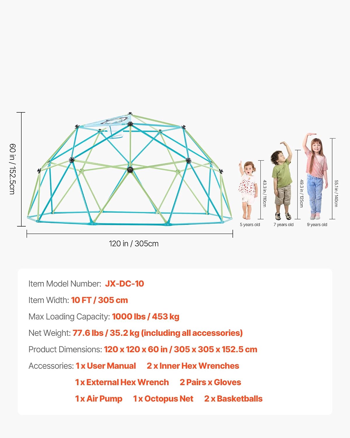 VEVOR Climbing Dome, 10FT Geometric Dome Climber for Kids, 1000LBS Loading Jungle Gym Playground with Octopus Net & 2 Basketballs, Easy-Assembly Outdoor Backyard Climbing Toys - Gift for Boys Girls