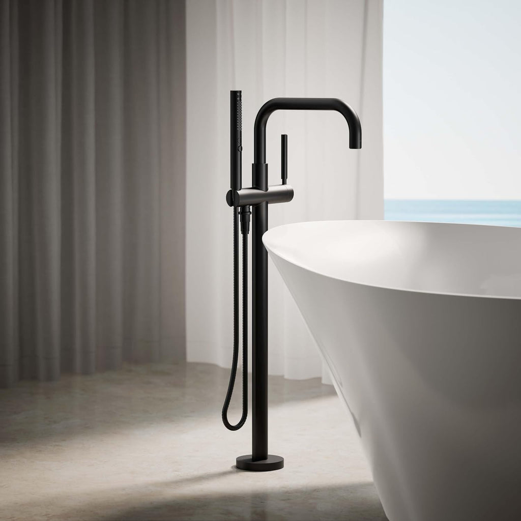 KOHLER T97328-4-BL Purist Floor-Mount Bath Filler Trim with Handshower, Single Lever Handle Bathtub Faucet, 1.75 GPM Handshower, Matte Black