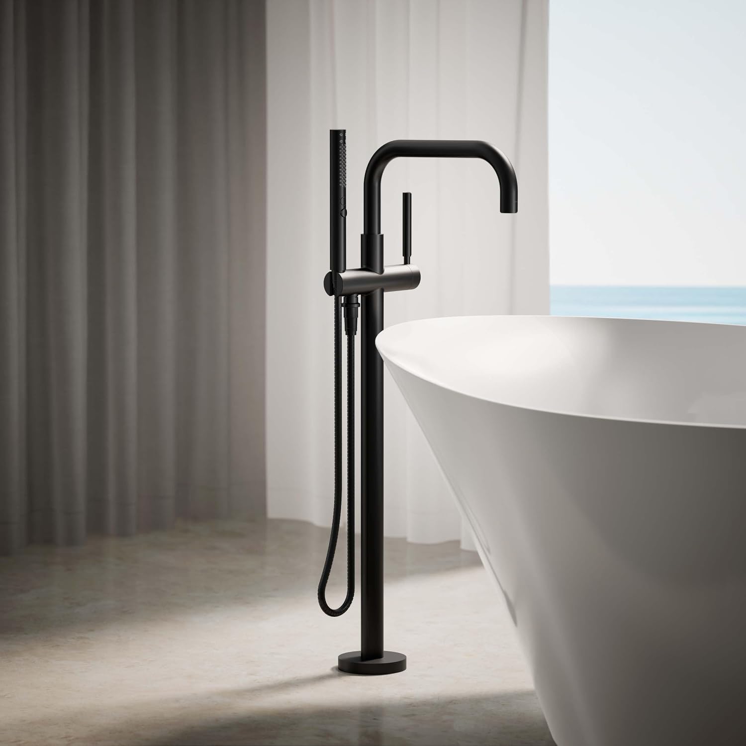 KOHLER T97328-4-BL Purist Floor-Mount Bath Filler Trim with Handshower, Single Lever Handle Bathtub Faucet, 1.75 GPM Handshower, Matte Black