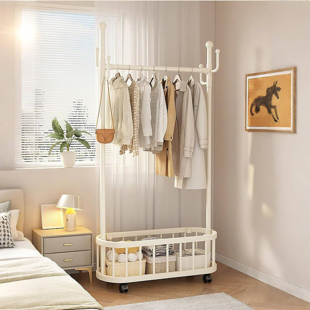 Rolling Clothes Rack With Wheels,Storage Basket,4 Hooks,Freestanding Garment Racks Hanger Stand,Coat Rack,Metal Organizer For Entryway Bedroom Living Room(White,80cm(31.5in))