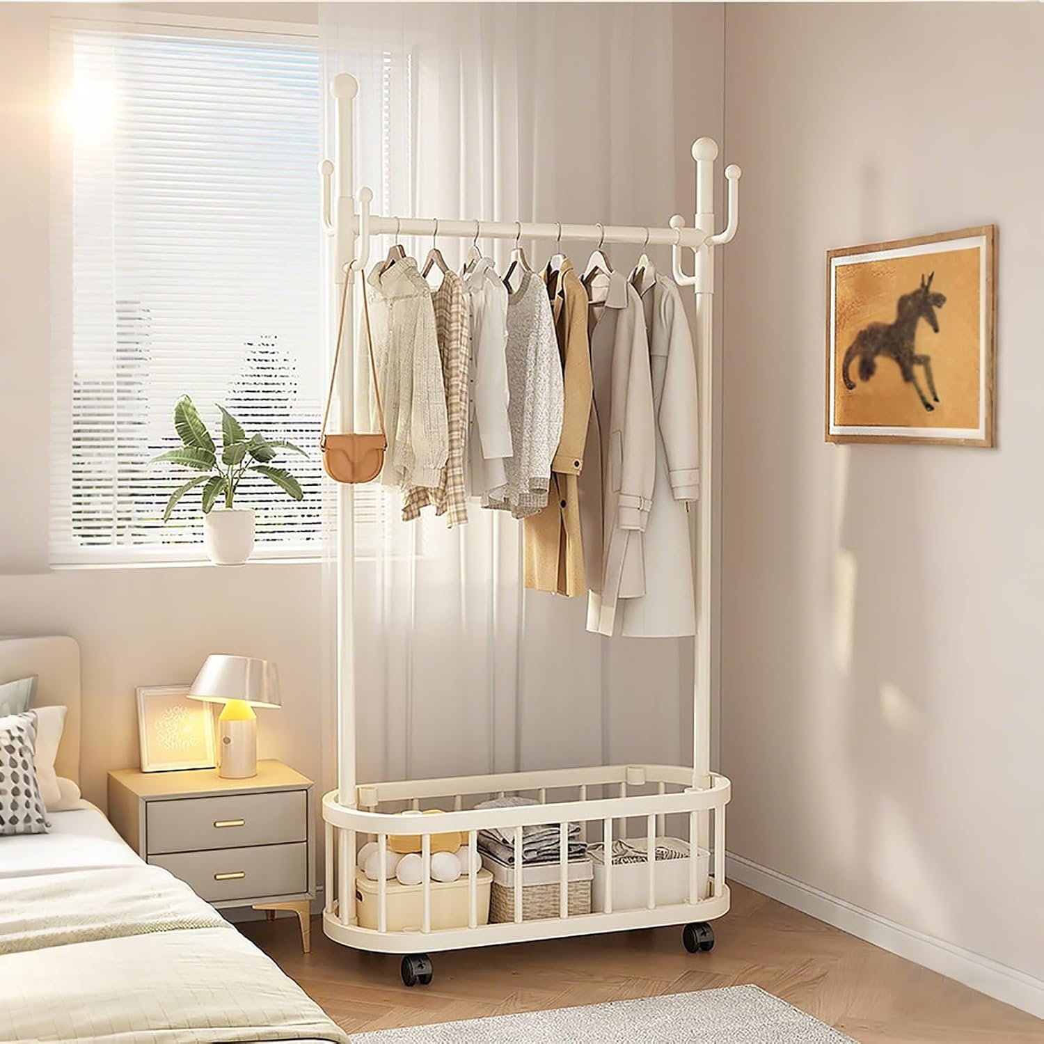 Rolling Clothes Rack With Wheels,Storage Basket,4 Hooks,Freestanding Garment Racks Hanger Stand,Coat Rack,Metal Organizer For Entryway Bedroom Living Room(White,60cm(23.6in))
