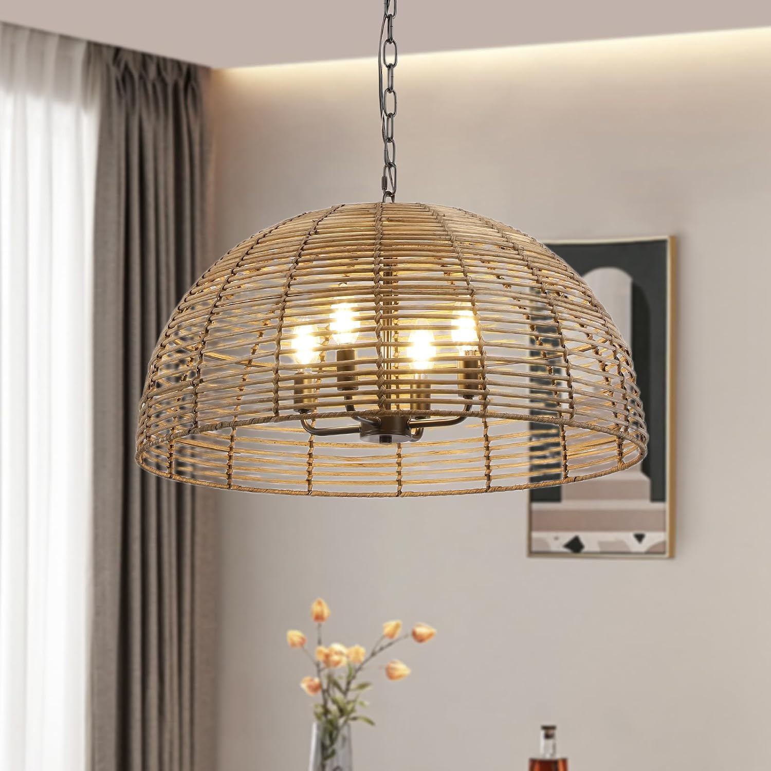OCIOC Rattan Pendant Lighting, 23.6' Kitchen Island Hanging Light Fixtures,Large Boho Hand-Woven Chanderlier, E26 Farmhouse Retro Ceiling Chandelier 4-Lights For Dining Room Kitchen Island Living Room