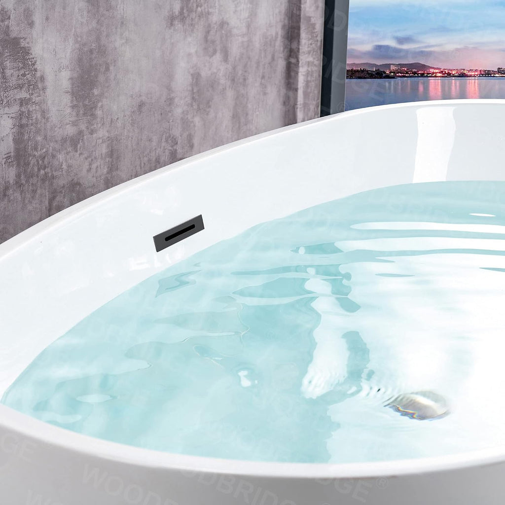WOODBRIDGE 59'Freestanding White Acylic Soaking Bathtub with Matte Black Drain and Overflow,BTA1518 -MB-Drain &O
