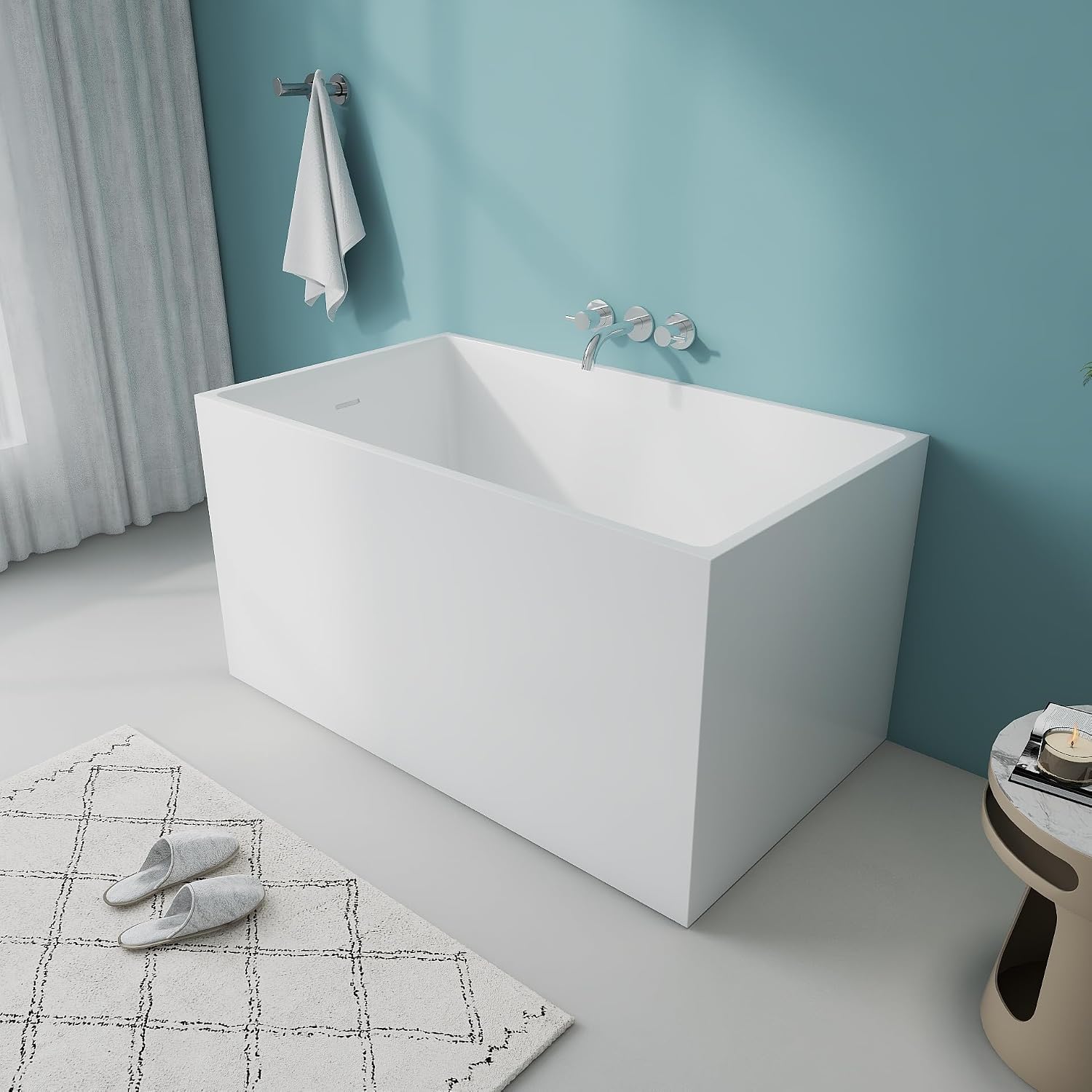 47' Modern Acrylic Free Standing Bathtub With Seat | Unique White Deep Square Soaking Tub with Overflow and CUPC Drain