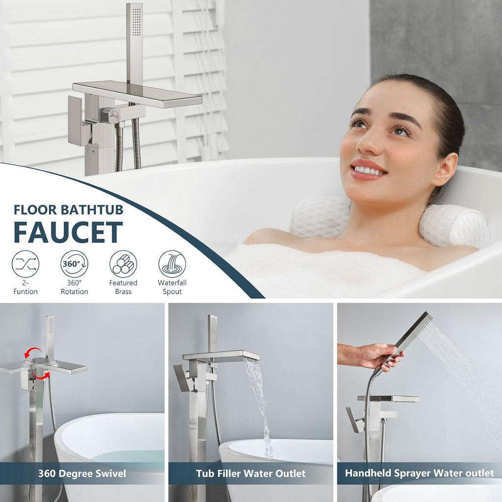 Aolemi Freestanding Bathtub Faucet Floor Mount Tub Filler with Handheld Spray Single Handle Free Standing Bathroom Faucets Swivel Flat Waterfall Spout Brushed Nickel