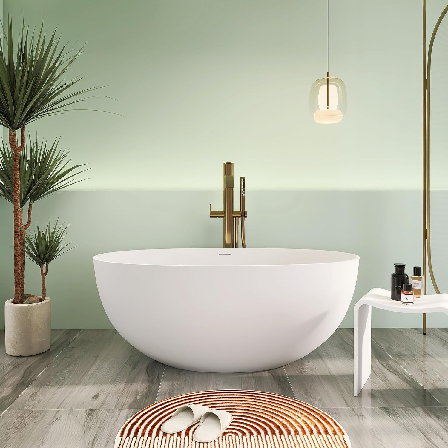 55' Premium Solid Surface Freestanding Bathtub, Upgraded Oval Stone Resin Tub with Overflow and Pop-up Drain, Matte White