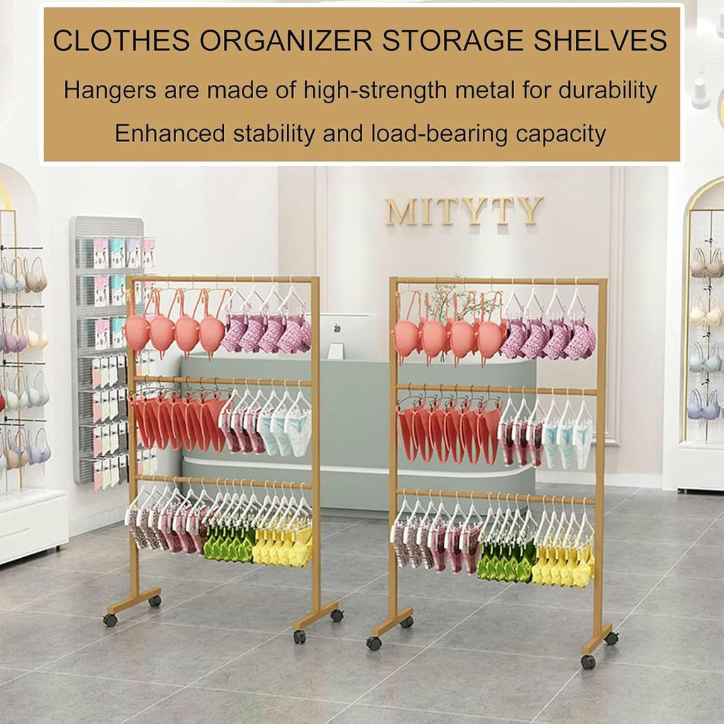Freestanding Metal Scarf Display Rack, Underwear Panty Rack Shorts Display Bra Stand, Clothes Organizer with Wheels, 3- Tier Shelves for Bedroom/Boutique/Cloth Store