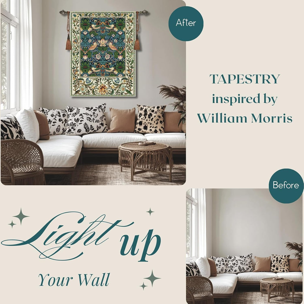 Vintage Medieval Tapestry, William Morris Birds and Flowers, Jacquard Woven Tapestry Wall Hanging for Living Room (Blue)