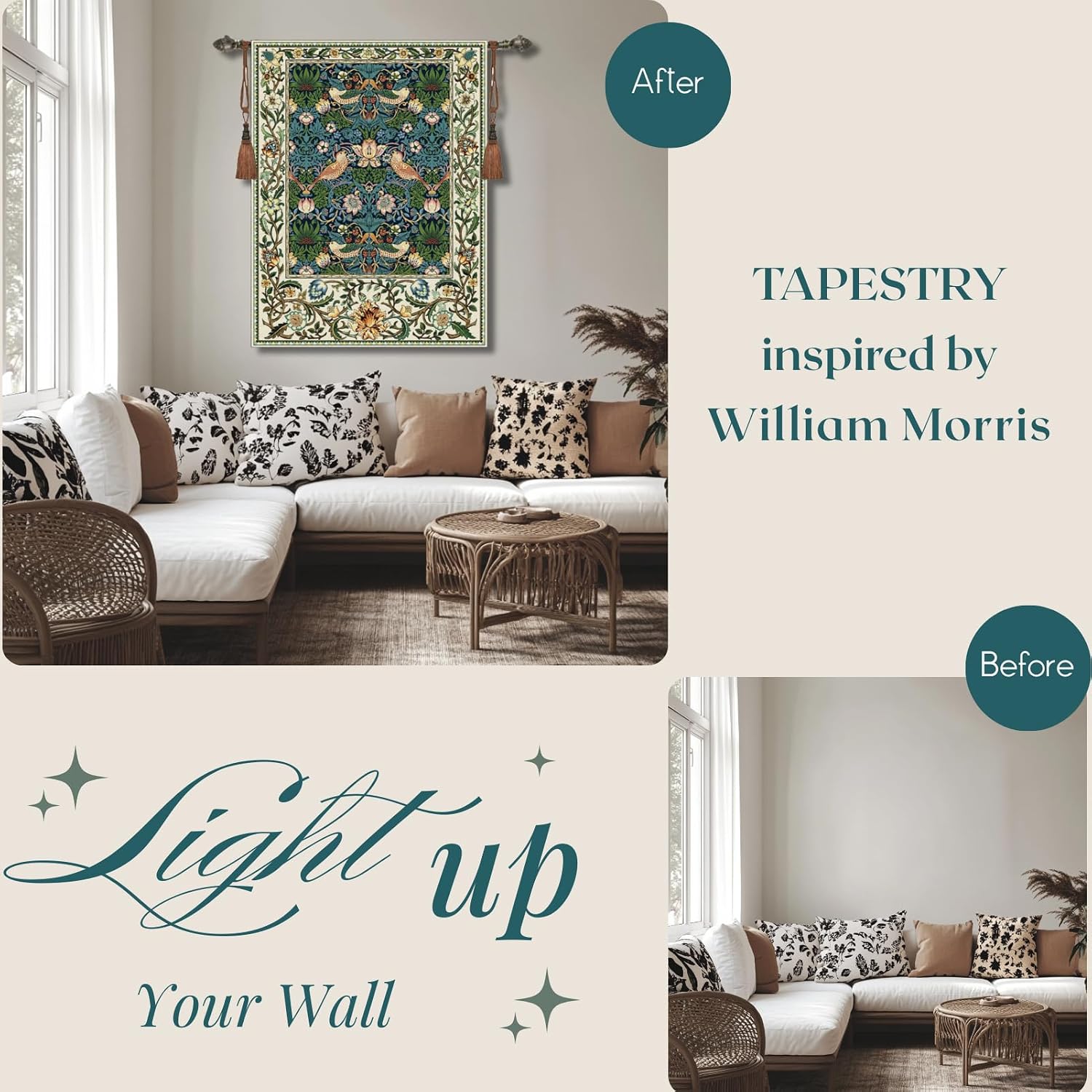 Vintage Medieval Tapestry, William Morris Birds and Flowers, Jacquard Woven Tapestry Wall Hanging for Living Room (Blue)
