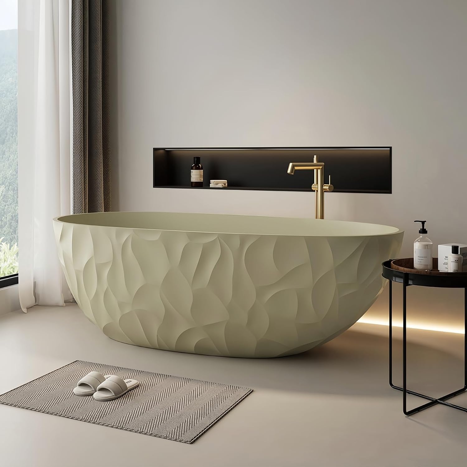 63' Edeyeu Luxury Freestanding Bathtub – Modern Solid Surface Bathtub With Ripple Design, Extra Deep Soaking Tub, Ergonomic Stand Alone Tub For Contemporary Luxury Bathrooms C