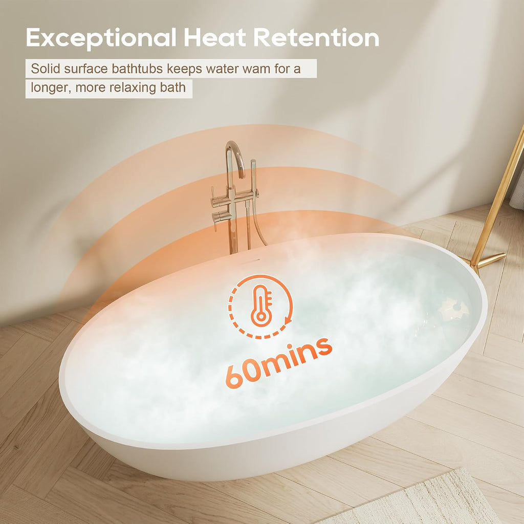 Oval 55' Freestanding Bathtub, Stone Resin Matte White | Solid Surface Stand Alone Bathtub, Modern Soaking Tub with Overflow and Pop-up Drain, cUPC Certified