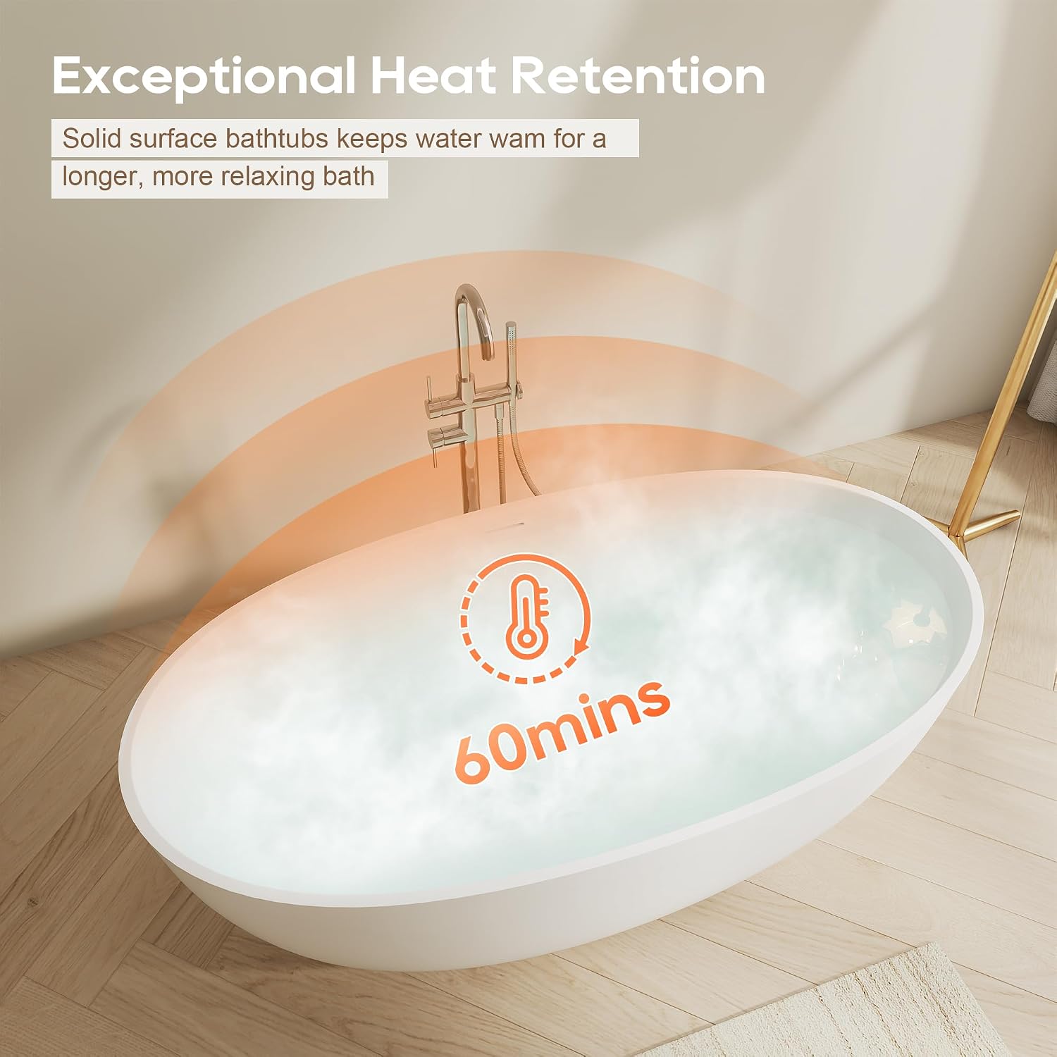 Oval 55' Freestanding Bathtub, Stone Resin Matte White | Solid Surface Stand Alone Bathtub, Modern Soaking Tub with Overflow and Pop-up Drain, cUPC Certified
