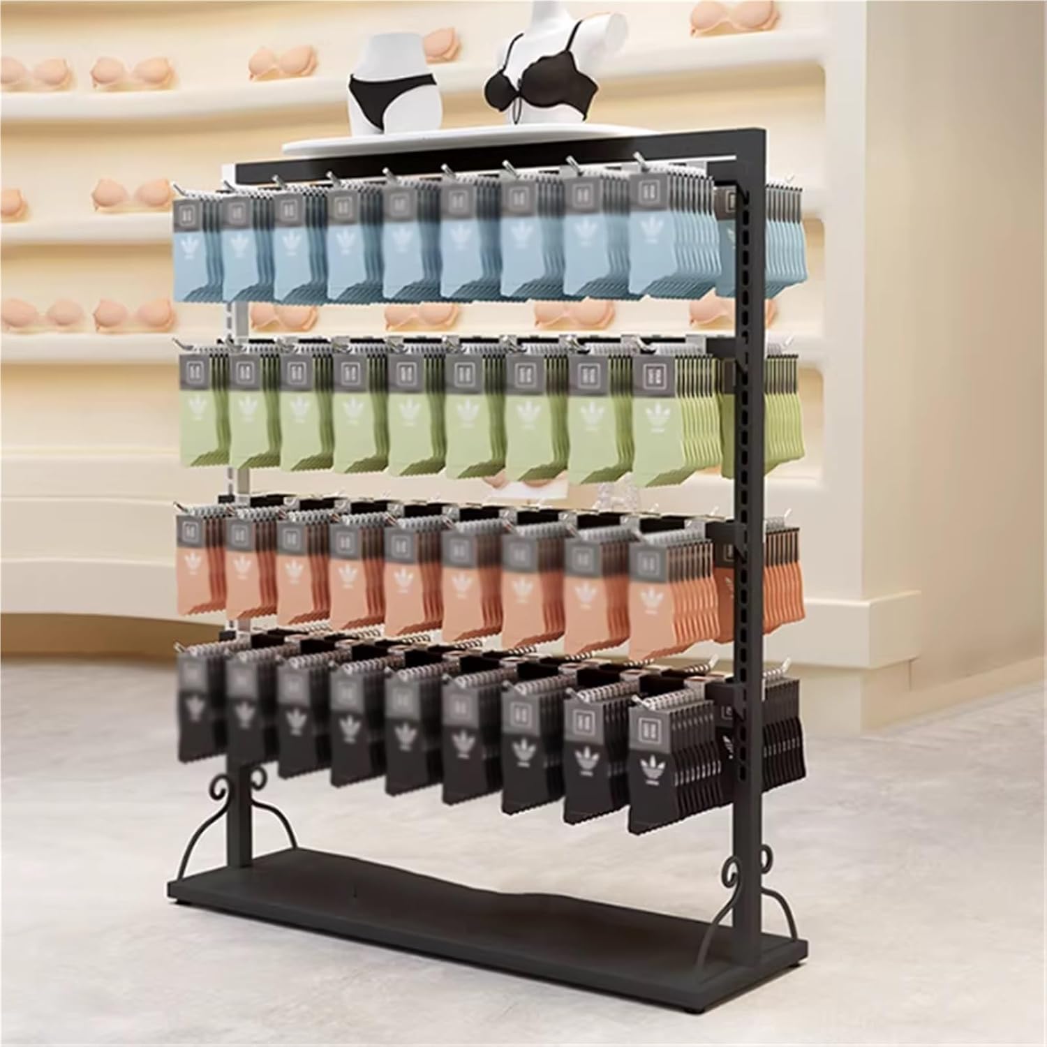 Metal Sock Display Stand, Large Capacity, Lingerie Garment Rack, Retail Sock Show shelves, Supermarkets Commercial Clothing Store Shelf, for Bras, Shorts, Hats(Black,100 * 40 * 135cm)