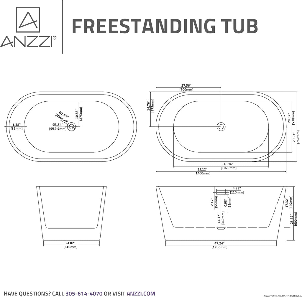 ANZZI Freestanding Bathtub 55 In Acrylic Soaking Tub Flat Bottom One Piece Marine Grade Build Glossy White Center Drain Chrome Overflow 73 Galon 55.12 x 29.53 x 22.83'' In Chand Series | FT-AZ098-55