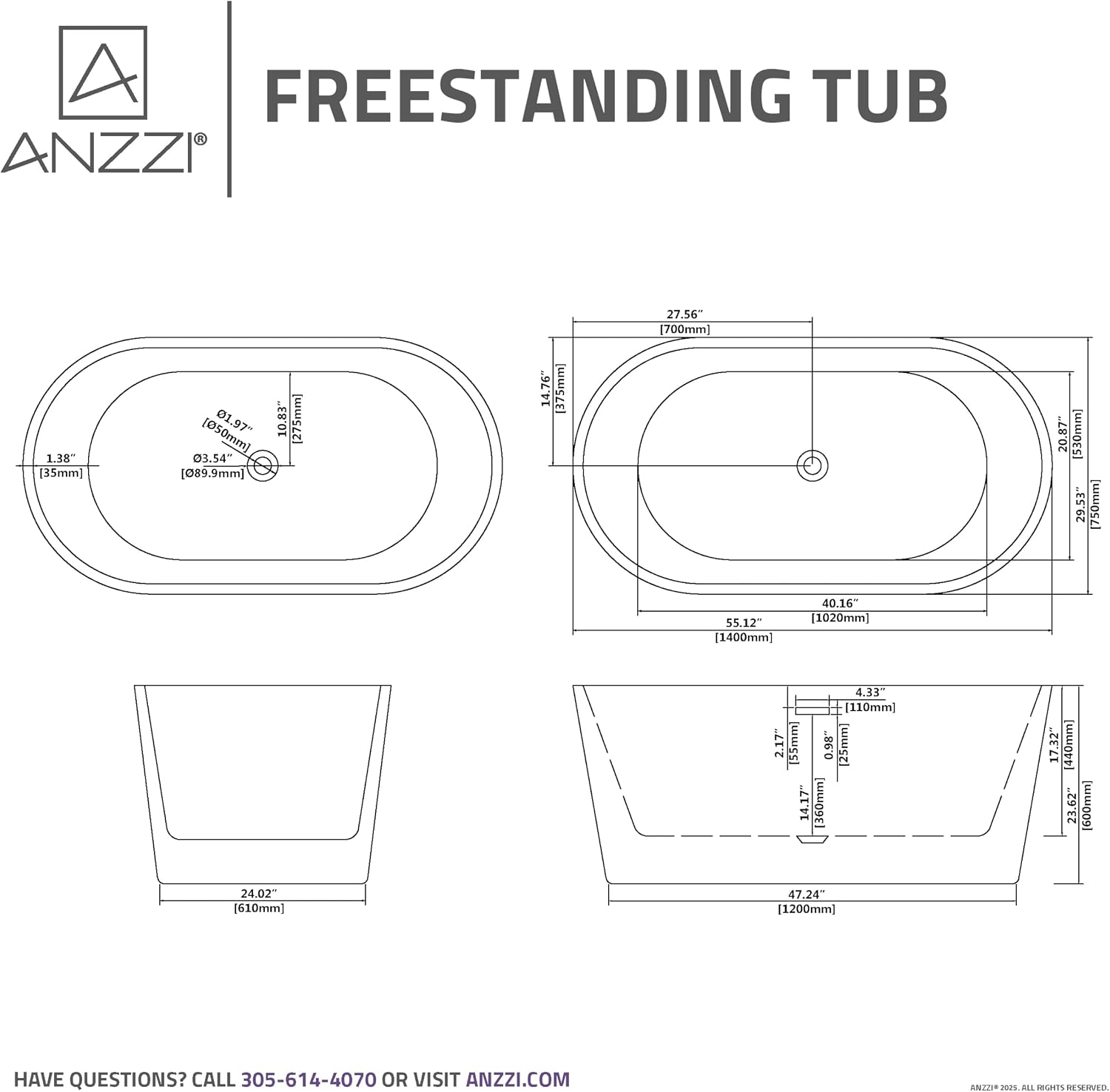 ANZZI Freestanding Bathtub 55 In Acrylic Soaking Tub Flat Bottom One Piece Marine Grade Build Glossy White Center Drain Chrome Overflow 73 Galon 55.12 x 29.53 x 22.83'' In Chand Series | FT-AZ098-55