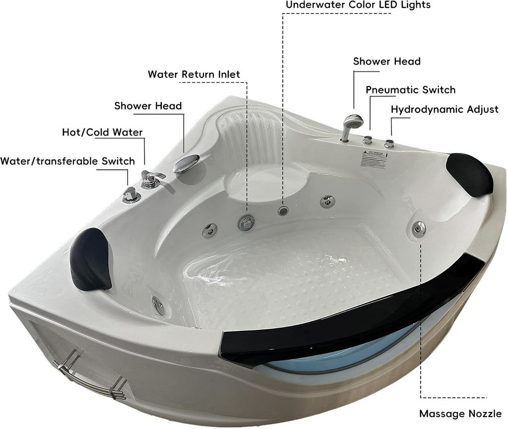 59'x59' Jetted Corner Tubs with 6 Whirlpool Nozzles, 2 Person Massage Whirlpool Bathtub with Pillows, Hydro Massage, Chromatherapy LED Lights, Certified Water Pump, Pneumatic Adjust System