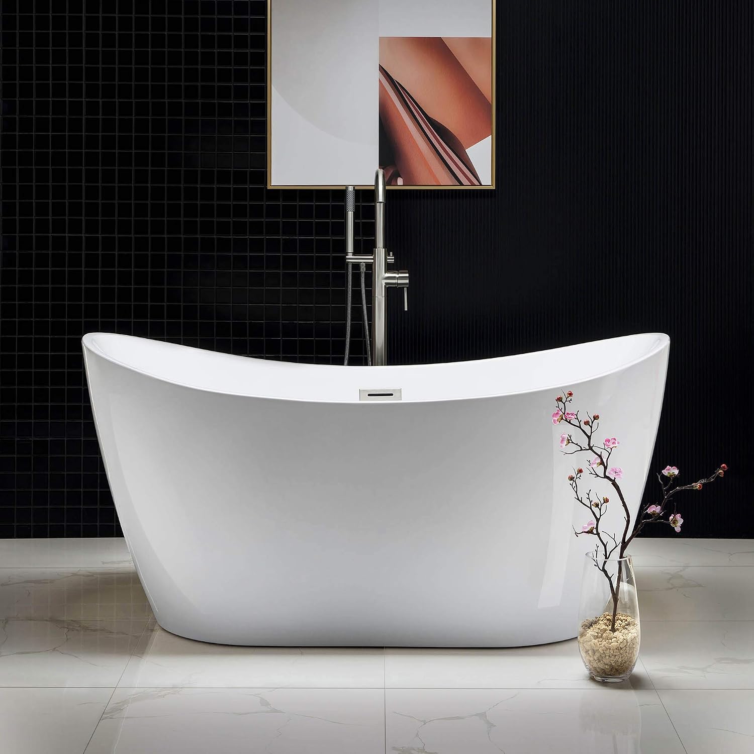 WOODBRIDGE 59' Acrylic Freestanding Bathtub Contemporary Soaking Tub with Brushed Nickel Overflow and Drain B-0016 -B/N-Drain &O