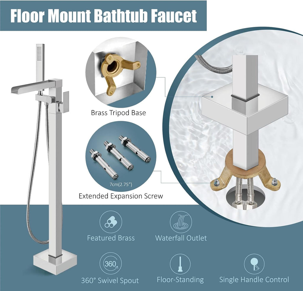 Aolemi Freestanding Bathtub Faucet Floor Mount Tub Filler Single Handle Brass Standing Bathtub Tap with Handheld Spray Swivel Right Angle Waterfall Spout Polish Chrome