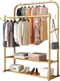 Gold Garment Rack with 2 Rods, Hooks and 2 Storage Shelf Freestanding Clothing Rack for Hanging Clothes(80x40x150cm)