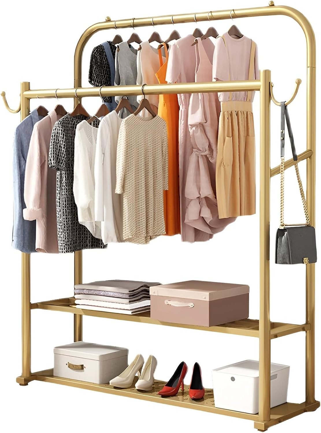 Gold Garment Rack with 2 Rods, Hooks and 2 Storage Shelf Freestanding Clothing Rack for Hanging Clothes(80x40x150cm)
