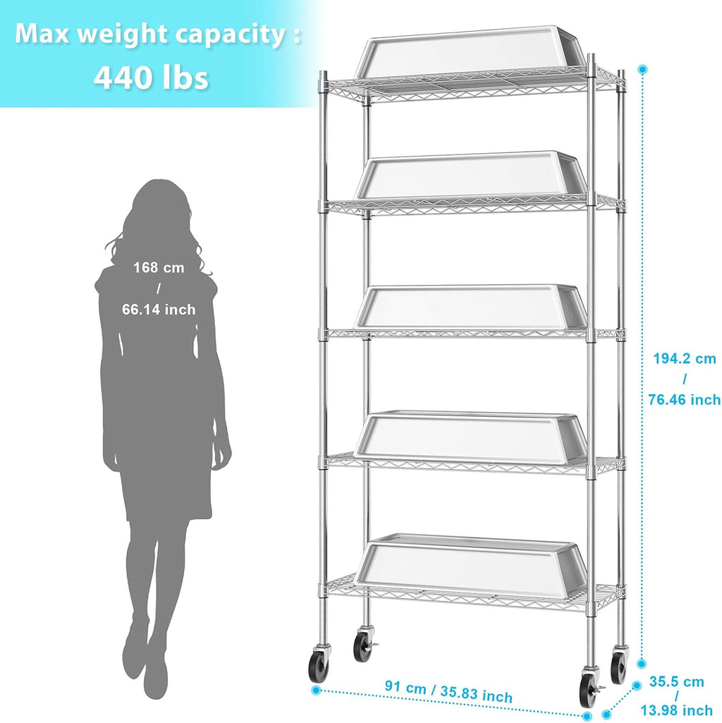 Auslar 5-Shelf Storage Shelves with Casters Heavy Duty 5 Tiers Rolling Cart Utility Racks Adjustable Wire Metal Shelving, 14' x 36' x 76.5', Chrome