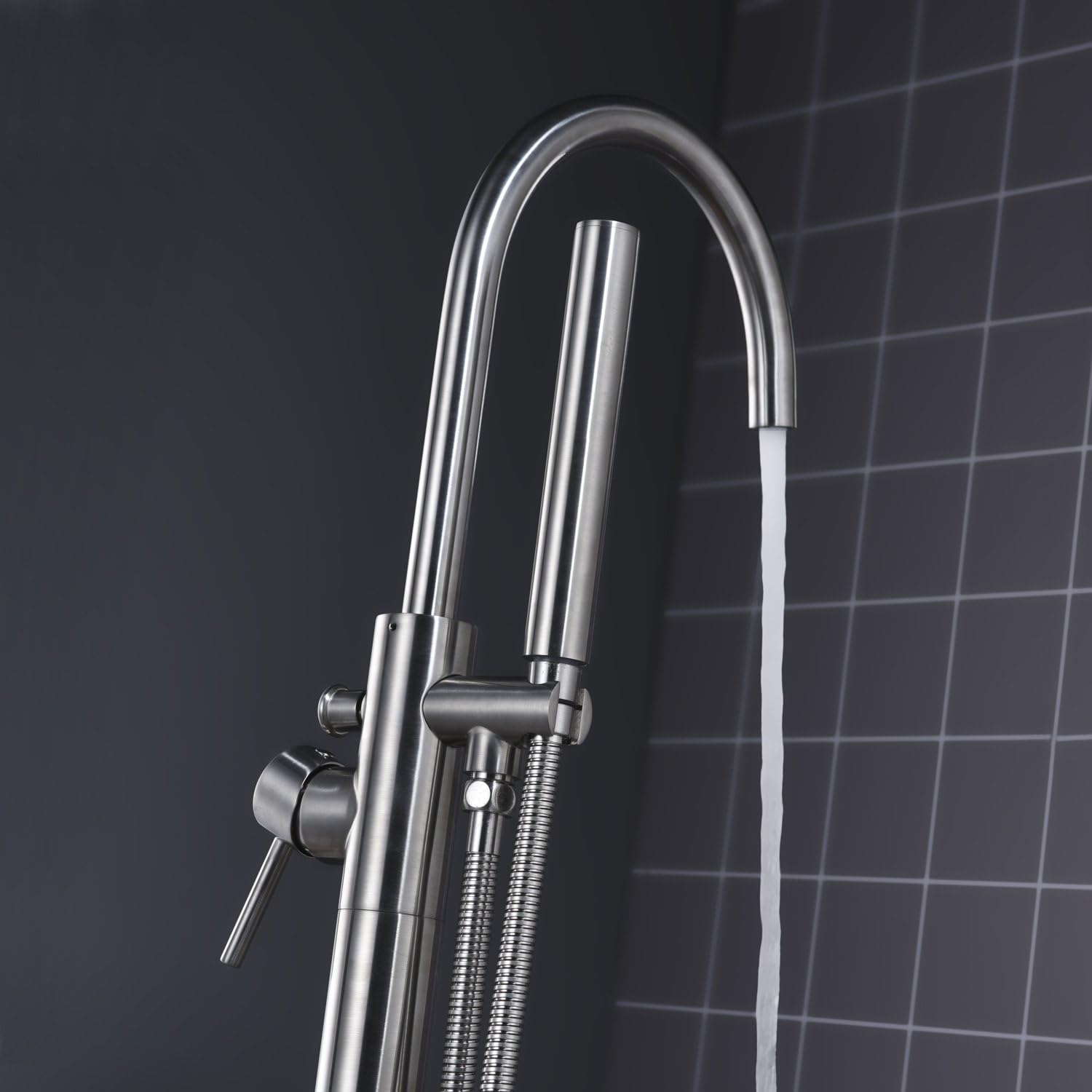 Freestanding Tub Filler Bathtub Faucet Brushed Nickel Floor Mount Single Handle Brass Faucets with Hand Shower