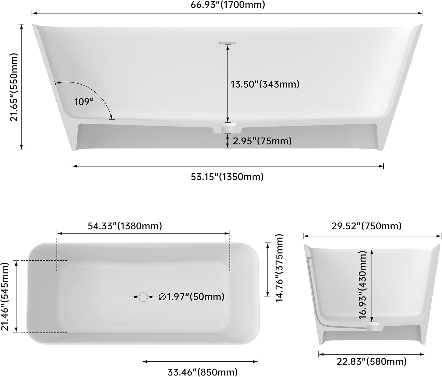 Stone Resin Freestanding Bathtub 67 ', Elegant Oval Shape Soaking Tub, Solid Surface Stand Alone Bathtub with Drain & Integrated Slotted Overflow Matte White AMFS340-1700