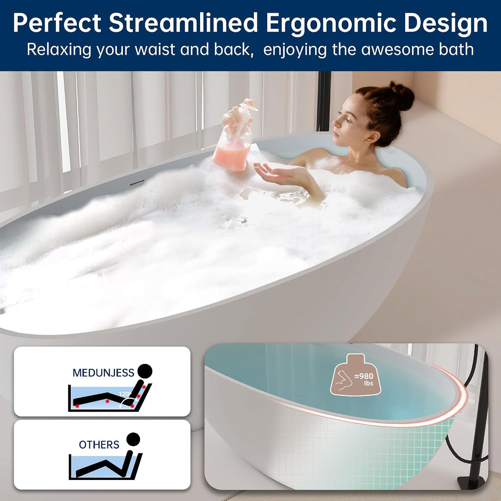 61'' Resin Stone Soaking Bathtub Oval Solid Surface Freestanding Soaking Bathtubs Matte White Soaking Tub with Overflow and Pop up Drain - White