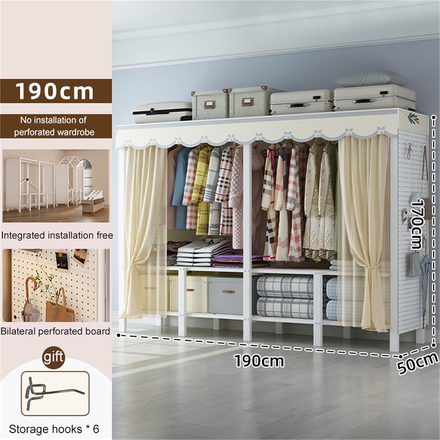 75in Portable Wardrobe Closet Rack, 1100lbs Heavy-Duty Foldable Steel Closet With Cover, Freestanding Enclosed Armoire For Hanging Clothes, Bedroom Storage Organizer