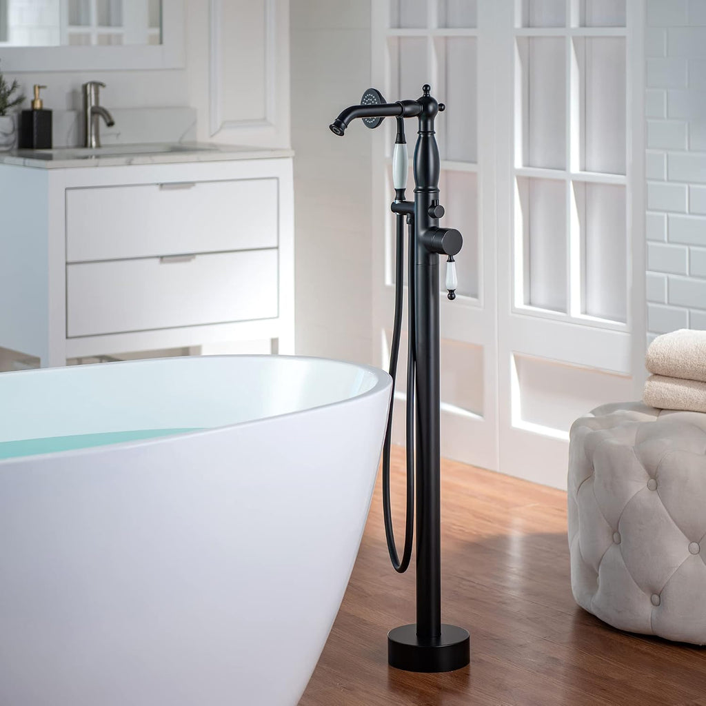 WOODBRIDGE Contemporary Single Handle Floor Mount Freestanding Tub Filler Faucet with Hand Shower in Matte Black Finish