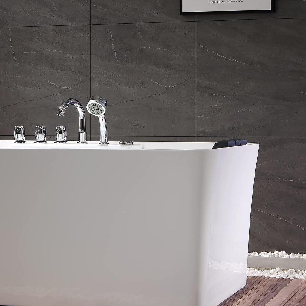 Empava 59' x 30' Freestanding Whirlpool Tub,560W Stand Alone Jetted Bathtub,ETL Certified,Center Drain,Acrylic, 60 Gallons, Rectangle Spacious for Big-Boned or Busty Sizes
