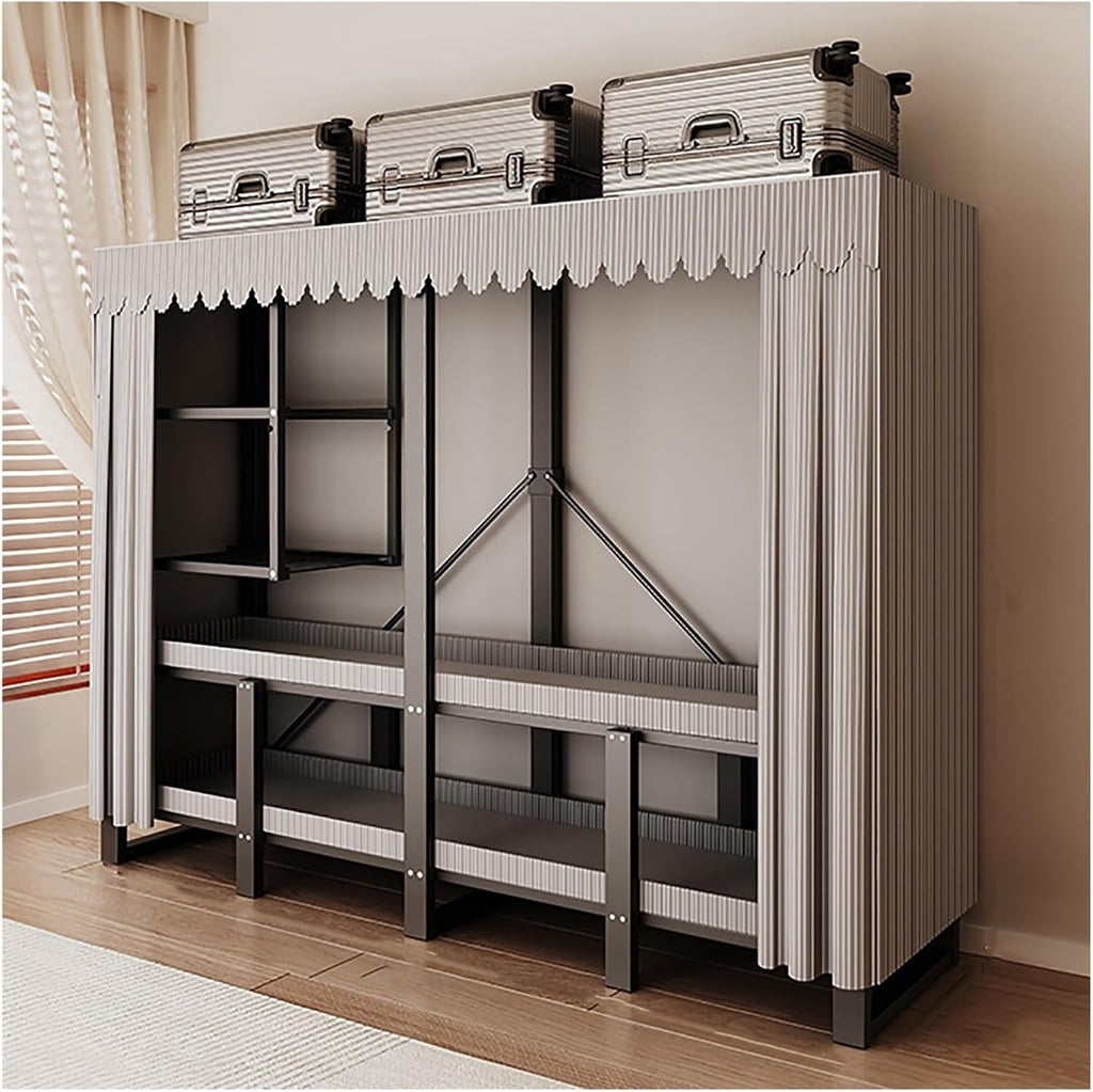 Foldable Portable Wardrobe Closet with Cover, Metal Garment Rack with Hanging Rods, Clothing Rack Storage Organizer, Enclosed Curtain, for Bedroom, Dorm(Grey,216cm/85inch)