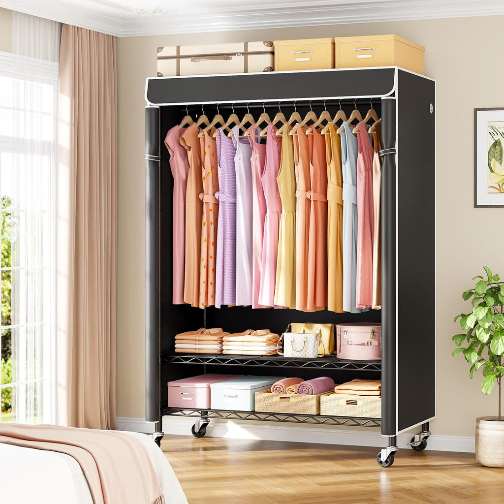 ULIFHOME P6C Plus & P6C Rolling Clothes Rack with Cover, Covered Clothing Rack Heavy Duty, Portable Closet for Hanging Clothes, Garment Rack on Wheels, Black Closet Rack with Black Cover