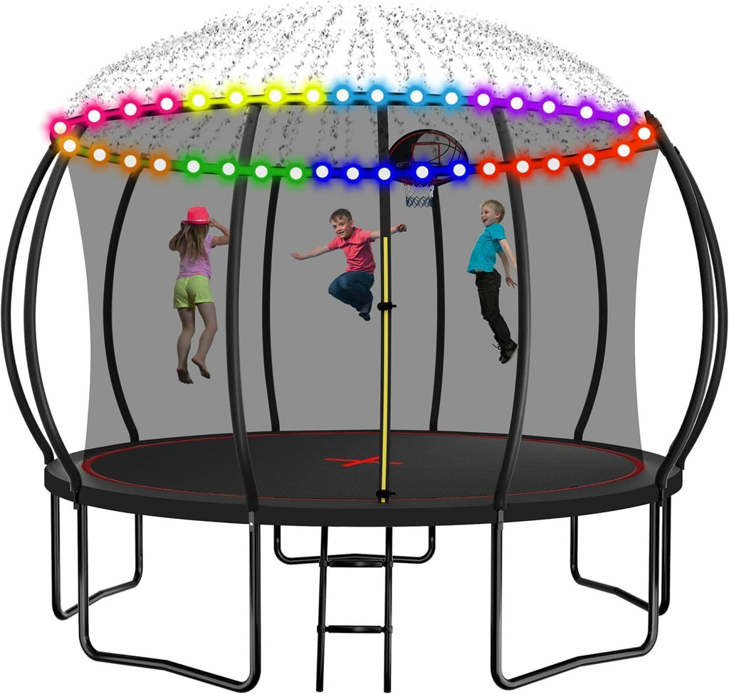 1500LBS 16FT 15FT 14FT 12 FT 10FT 8FT Tranpoline for Kids and Adults with Sprinkler, Lights with Music Speaker, Socks, Water Ball, Heavy Duty Outdoor Tranpoline with Net Enclosure and Ladder
