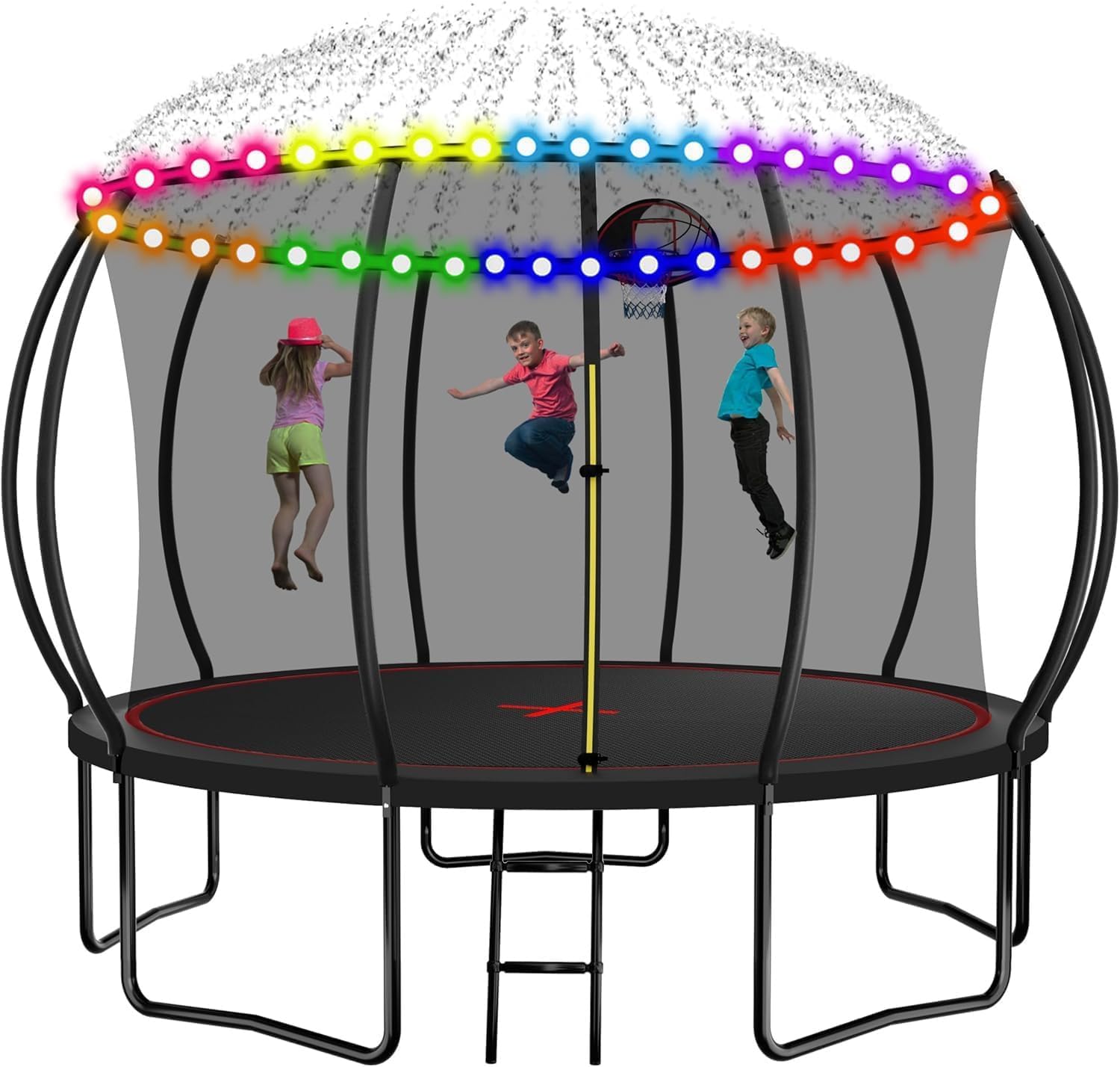 1500LBS 16FT 15FT 14FT 12 FT 10FT 8FT Tranpoline for Kids and Adults with Sprinkler, Lights with Music Speaker, Socks, Water Ball, Heavy Duty Outdoor Tranpoline with Net Enclosure and Ladder