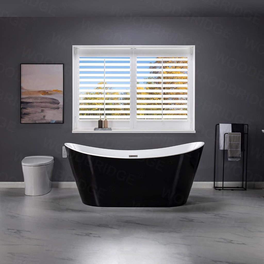 WOODBRIDGE 67' Acrylic Freestanding Bathtub Contemporary Soaking Tub with Brushed Nickel Overflow and Drain,Black,B1815-BN