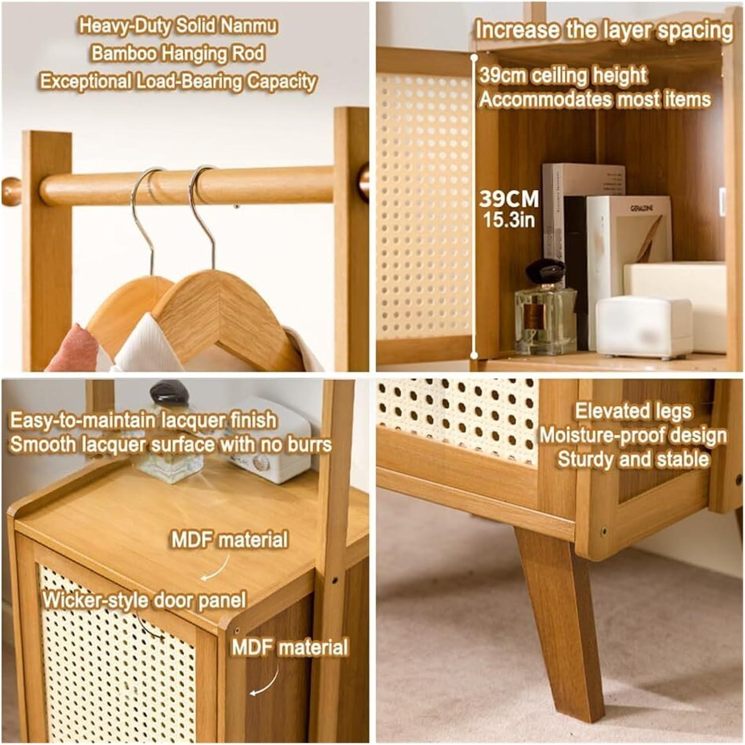 Bamboo Clothes Rack with Storage Basket - Freestanding Solid Wood Garment Rack for Bedroom, Living Room, and Hallway Organization(Tea Brown)