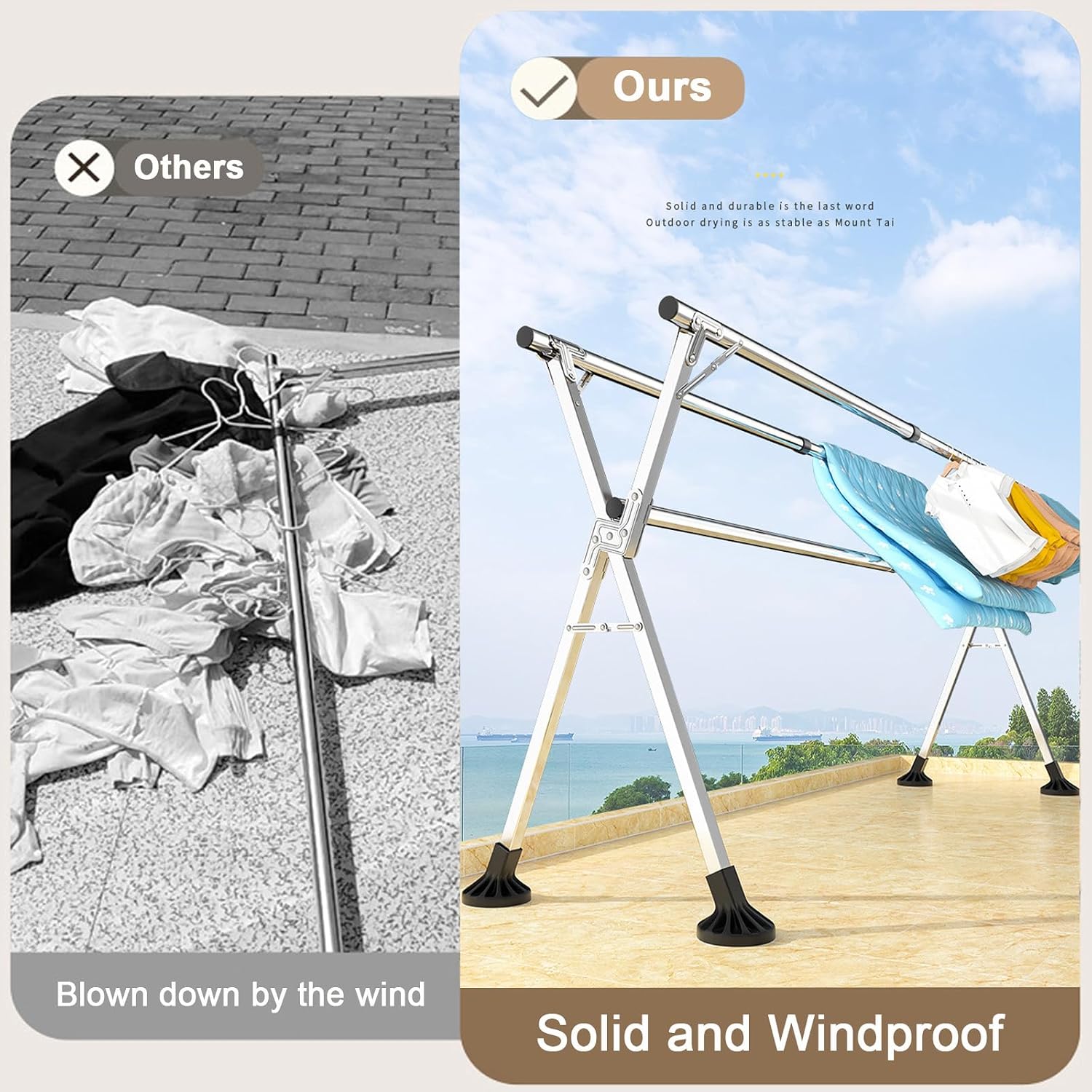 Upgraded Free Standing Clothes Rack Retractable, Foldable Drying Clothes Rack Heavy Duty Collapsible Garment Rack, 3 Poles Cloth Drying Rack with 20 Hooks and 12 Clips,1.25~1.8m (4.1ft~5.9ft)