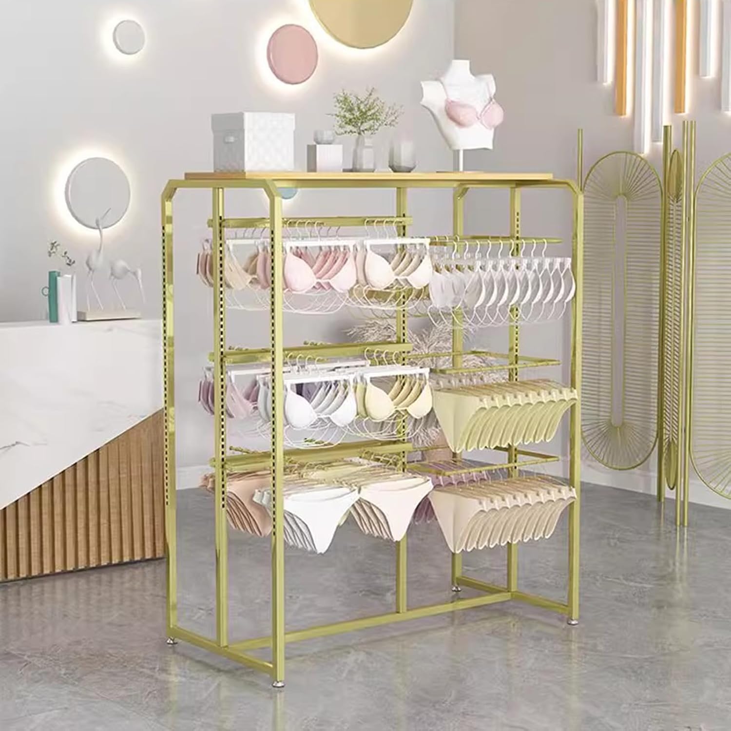Gold Metal Display Stand for Retail Store | Garment Rack, Clothing Hanger, Underwear, Panty, Shorts & Bra Organizer | Boutique & Mall Use，Gold a 100X45X135CM