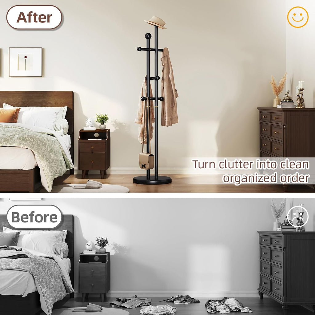 CozyDH Coat Rack Wooden Freestanding - Wood Coat Rack Freestanding Heavy Duty, Wooden Coat Stand with 6 Hooks Creative Look for Entryway, Hallway, Bedroom (Black)
