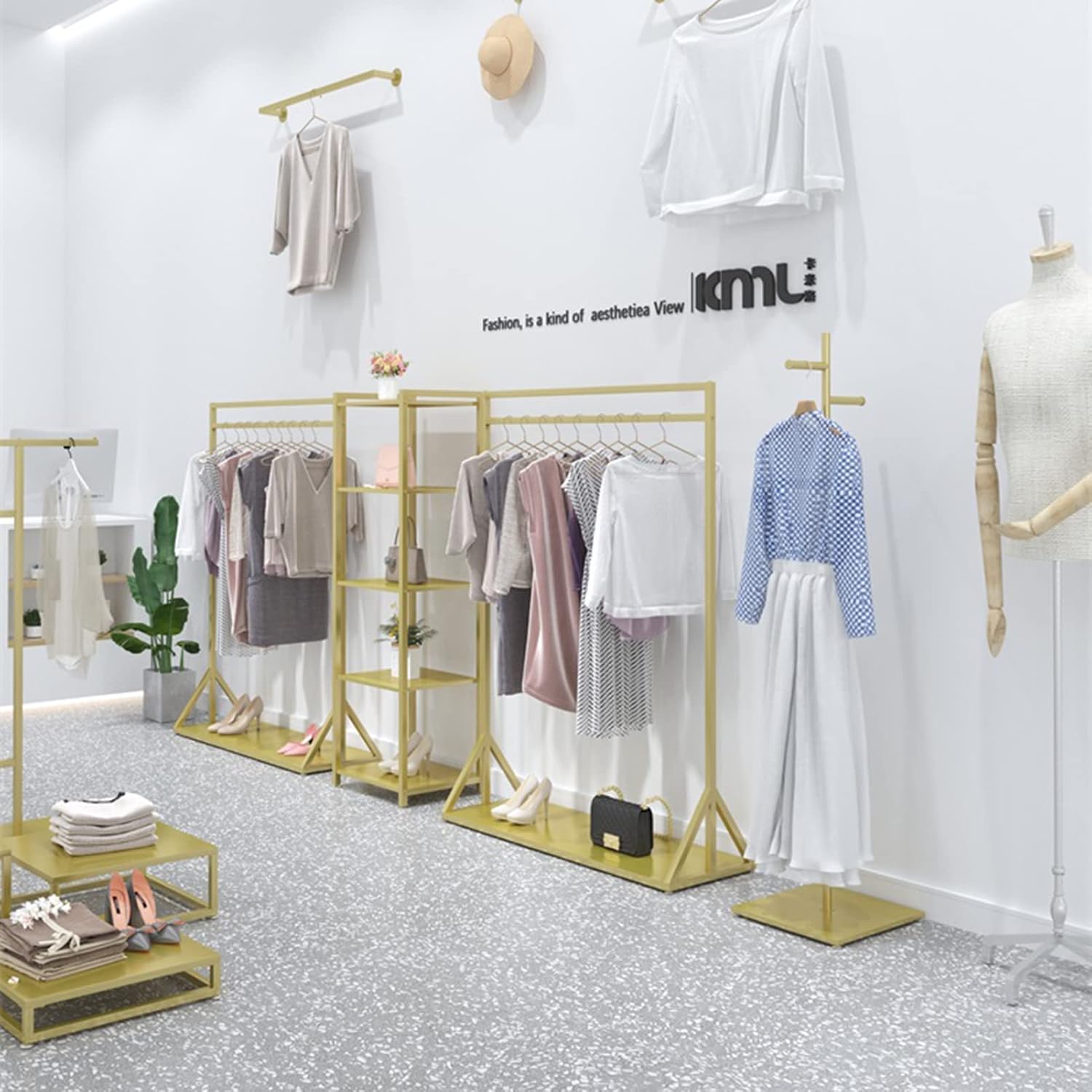 Garment Rack Clothing Store Clothes Display Rack Gold Metal Clothing Rack With Shelves Freestanding Garment Rack For Bedroom And Boutique Easy To Assemble Coat Rack(Size:150x40x150CM)