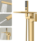 Freestanding Bathtub Faucet with Handheld Sprayer, Brushed Gold Floor Mount Tub Filler, High Flow Waterfall Brass Bath Shower Faucet for Modern Bathroom