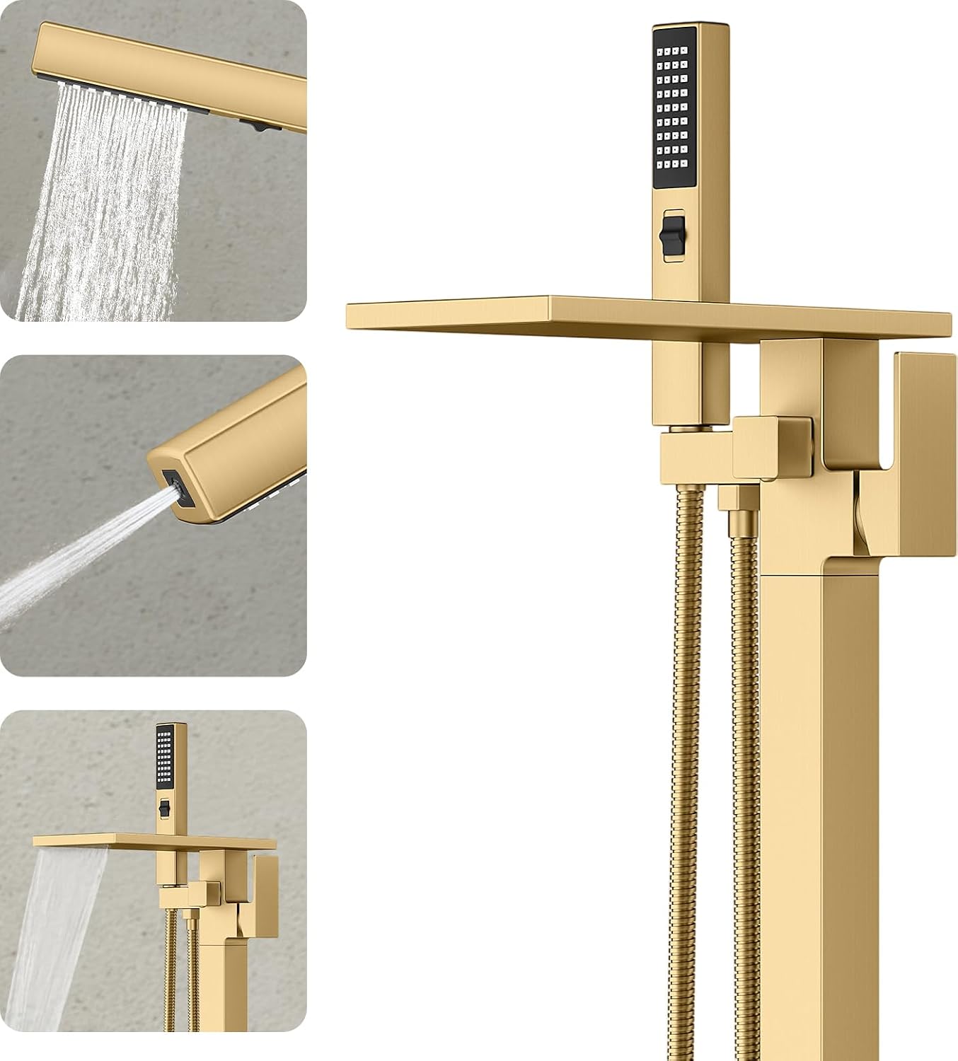 Freestanding Bathtub Faucet with Handheld Sprayer, Brushed Gold Floor Mount Tub Filler, High Flow Waterfall Brass Bath Shower Faucet for Modern Bathroom
