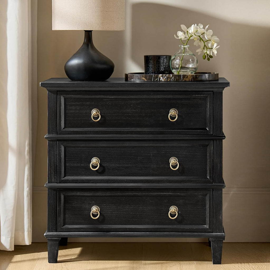 HULALA HOME Farmhouse End Tables Set of 2 with 3 Drawers, Paulownia Solid Wood Side Table with Vintage Knobs, Ancient End Table with Charging Station, Easy Assembly, Charcoal