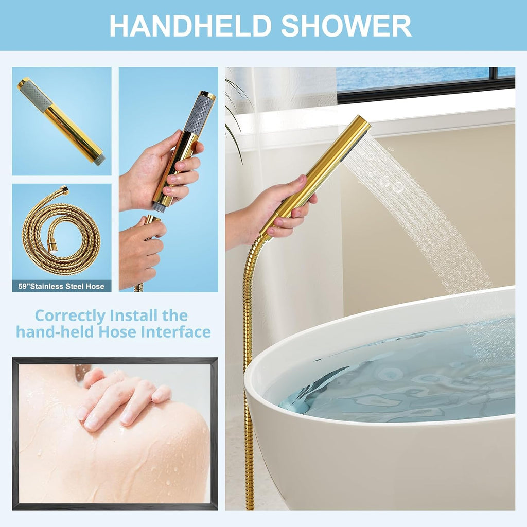 HAWKROWN Freestanding Bathtub Faucet, Floor Mount Bathtub Faucet with 2 Water Outlet Modes, Swivel Gooseneck Spout with Hand Shower, Brass Single Handle Tub filler, Max Flow Rate 7.4 GPM, Gold