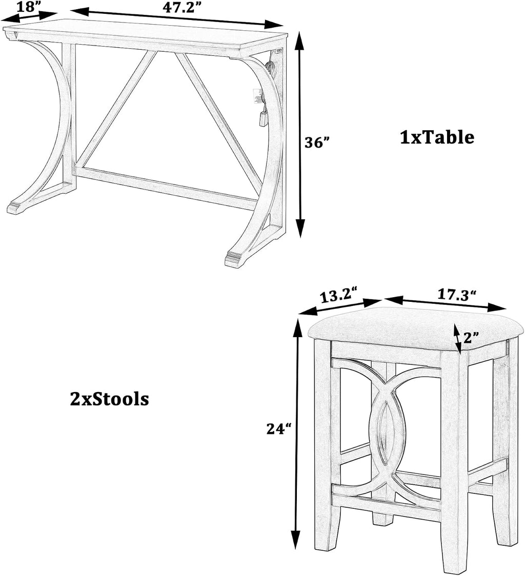 Polibi 3-Piece Farmhouse Counter Height Dining Set, Wood Kitchen Dining Table Set with USB Port and 2 Upholstered Stools for Small Places (Espresso)