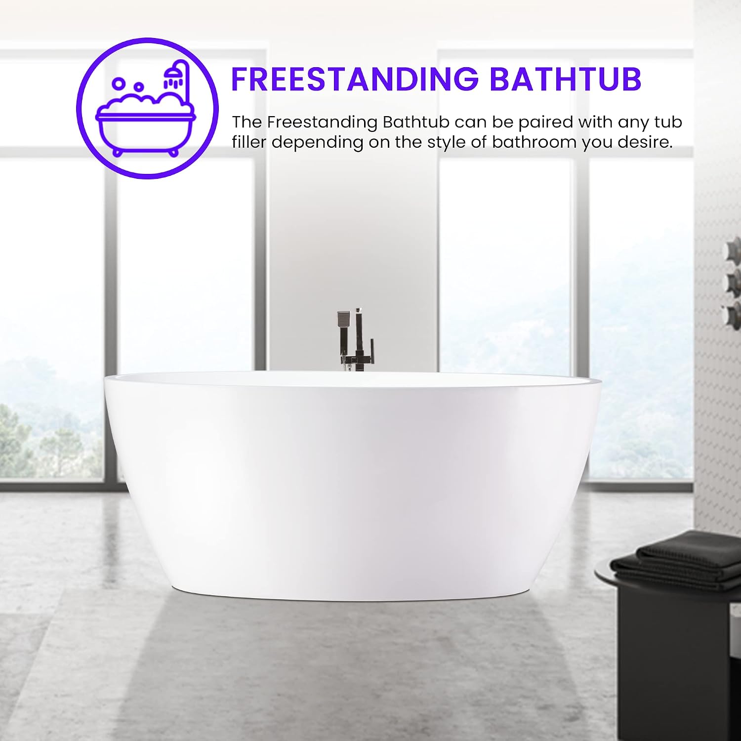 Vanity Art 59' X 32' Freestanding Bathtub | Home Improvement Bathtubs with Contemporary Design for Soaking and Bathing, Overflow and Pop-up Drain with UPC Certified, Acrylic, VA6834-M