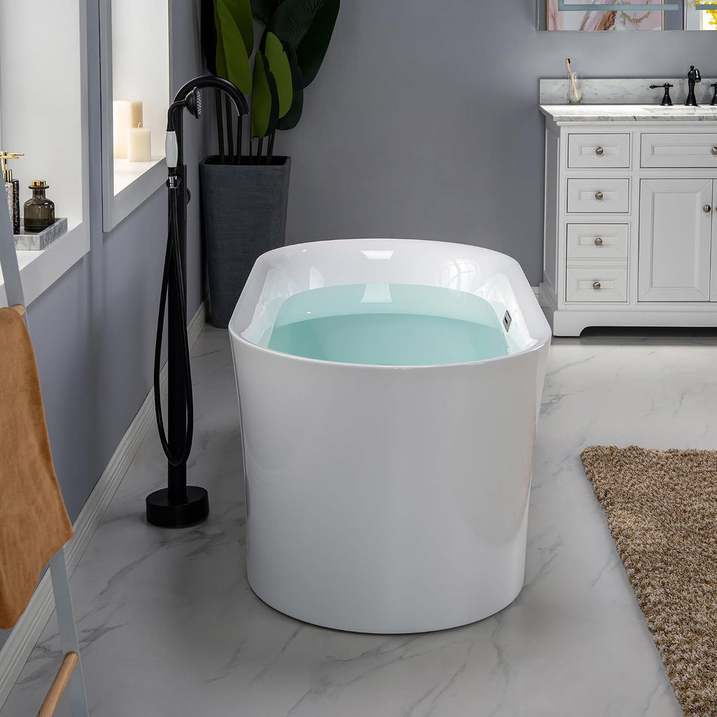 WOODBRIDGE 59' Acrylic Freestanding Bathtub Contemporary Soaking Tub with Brushed Nickel Overflow and Drain,White Tub,B0058-BN